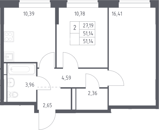 Планировка: 2-комнатная квартира 51,1 м² в ЖК «Богдановский лес»