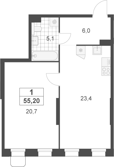 Планировка: Евродвушка 55,2 м² в ЖК «Деснаречье»