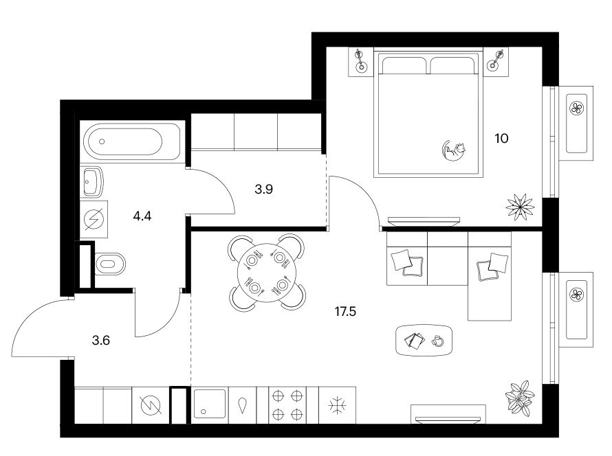Планировка: 1-комнатная квартира 39,4 м² в ЖК «Ярославский»