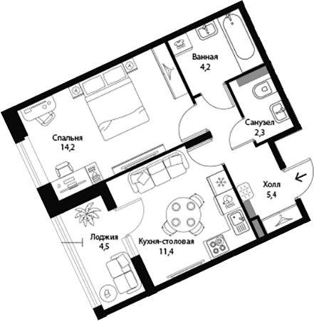 Планировка: 1-комнатная квартира 37,6 м² в ЖК «Экография»