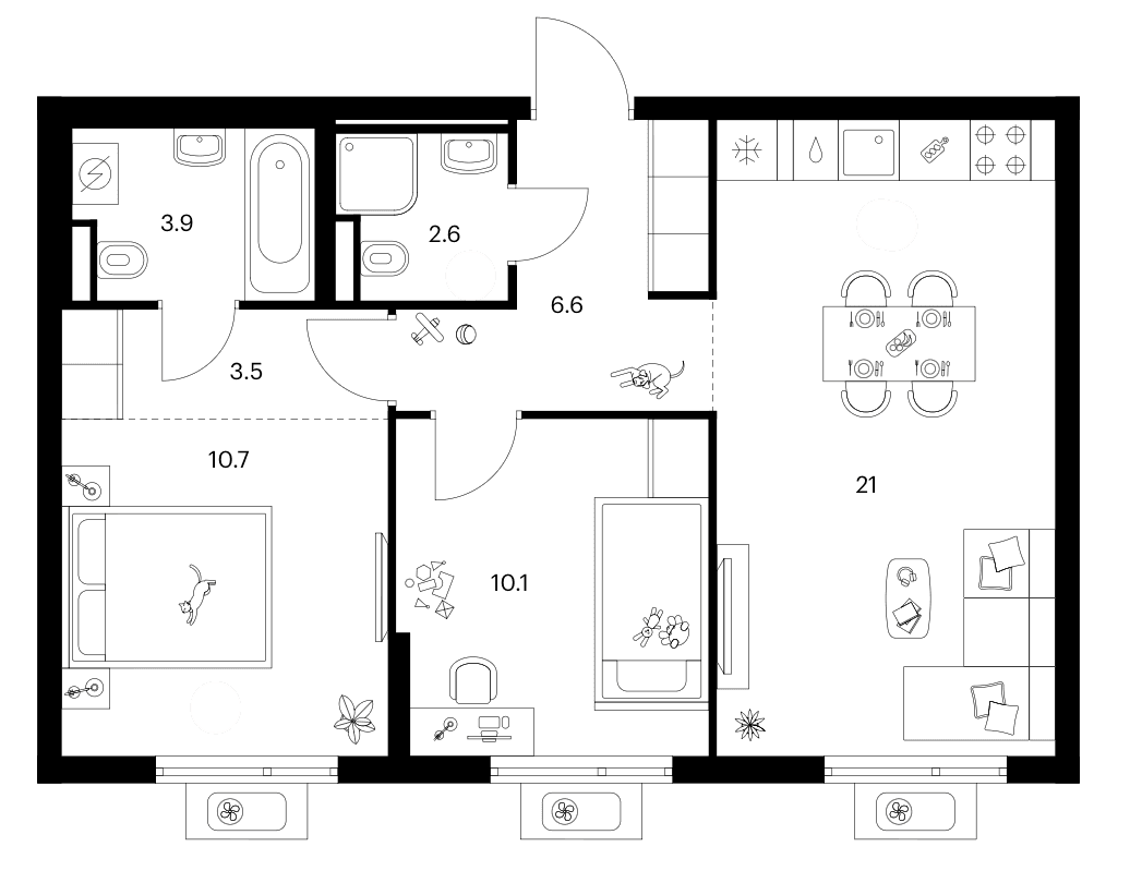 Планировка: 2-комнатная квартира 58,4 м² в ЖК «Белая Дача парк»