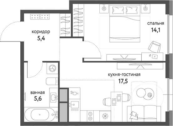 Планировка: Евродвушка 42,6 м² в ЖК «Сиреневый парк»