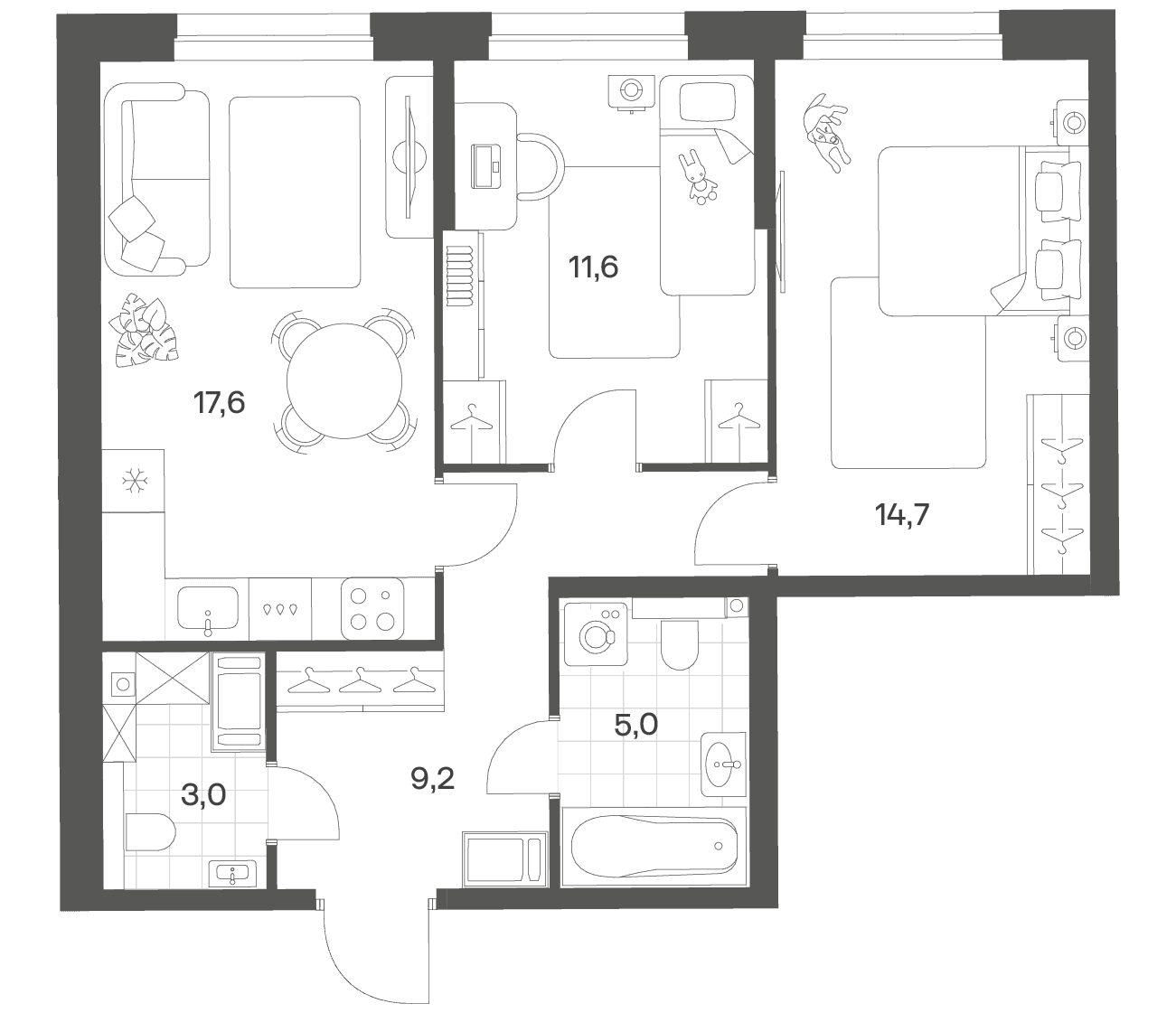 Планировка: Евротрёшка 61,1 м² в ЖК «Речной Квартал»