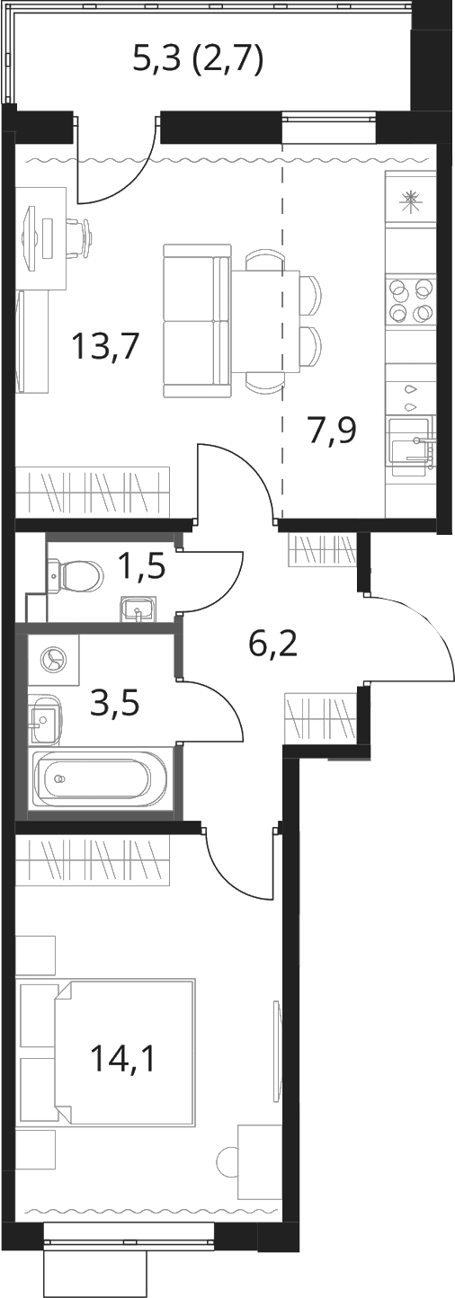 Планировка: Евродвушка 46,9 м² в ЖК «1-й Шереметьевский»