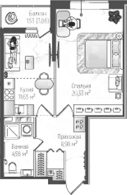 Планировка: 1-комнатная квартира 42,9 м² в ЖК «Рига Хиллс»