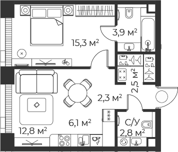 Планировка: Евродвушка 45,8 м² в ЖК «Веер»
