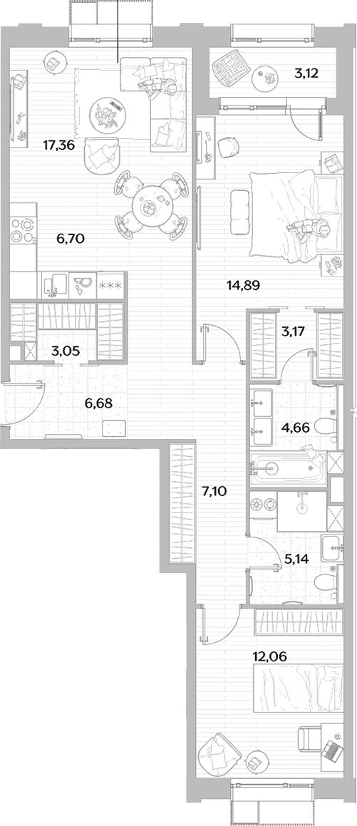 Планировка: Евротрёшка 80,8 м² в ЖК «МЫС»
