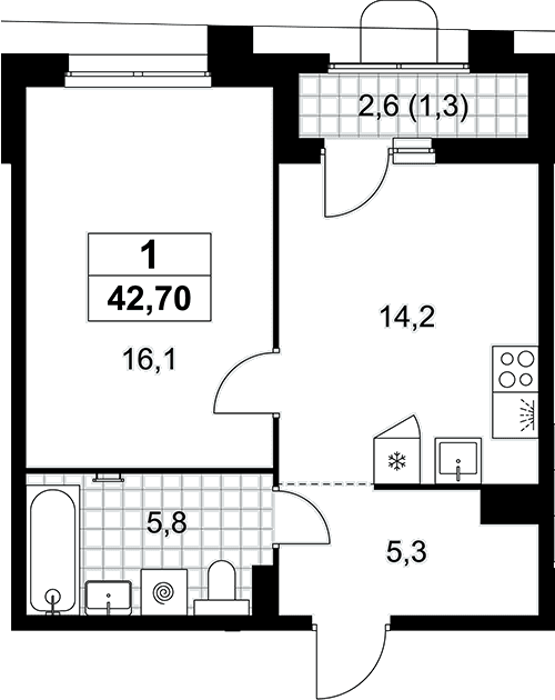 Планировка: 1-комнатная квартира 41,4 м² в ЖК «Прокшино»