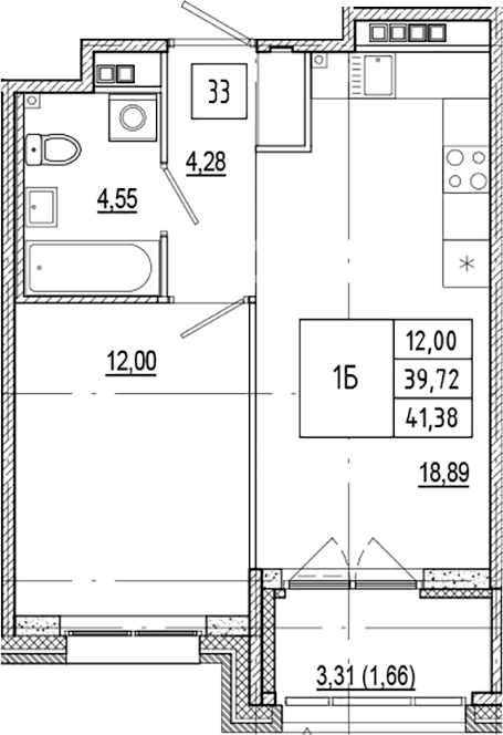 Планировка: Евродвушка 39,7 м² в ЖК «Ranta Residence»