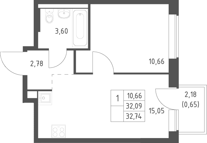 Планировка: Евродвушка 32,1 м² в ЖК «Большое Юрлово»