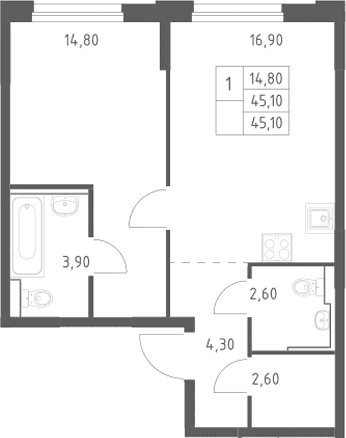 Планировка: Евродвушка 45,1 м² в ЖК «Химки Парк»
