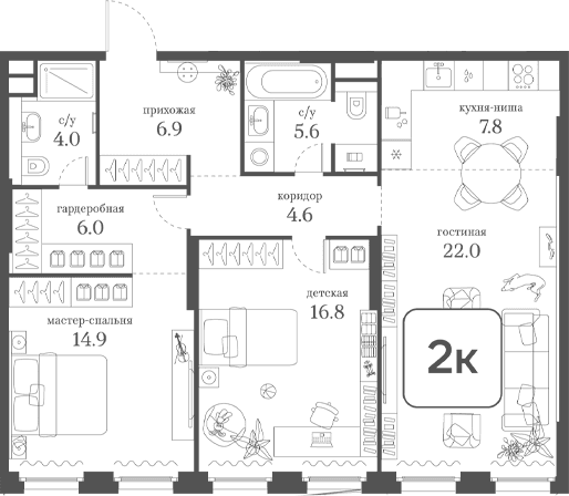 Планировка: 2-комнатная квартира 88,6 м² в ЖК «Муза»