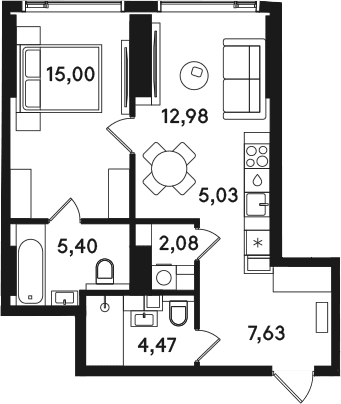 Планировка: Евродвушка 52,6 м² в ЖК «СОЛОС»