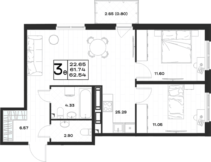 Планировка: Евротрёшка 61,7 м² в ЖК «Имена»