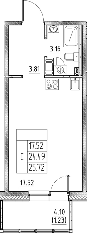 Планировка: Студия 24,5 м² в ЖК «Сезоны»