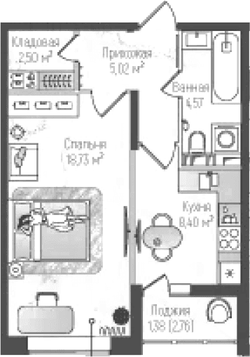 Планировка: 1-комнатная квартира 39,2 м² в ЖК «Рига Хиллс»