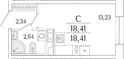Планировка: Студия 18,4 м² в ЖК «Гранат»