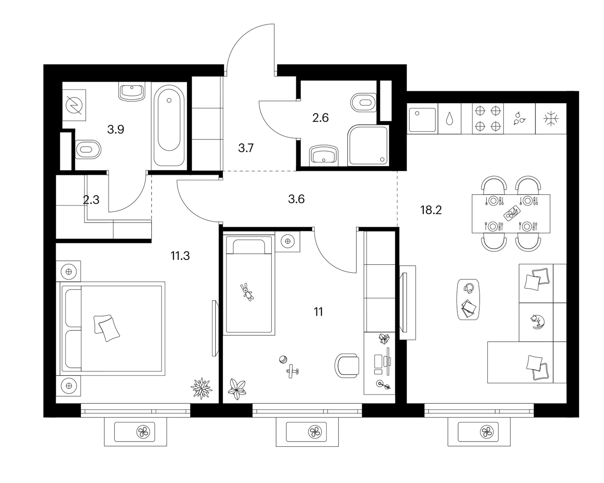 Планировка: 2-комнатная квартира 56,6 м² в ЖК «Белая Дача парк»