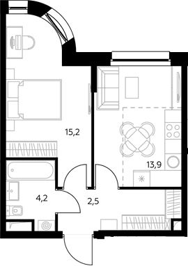 Планировка: 1-комнатная квартира 39,3 м² в ЖК «Адмирал»