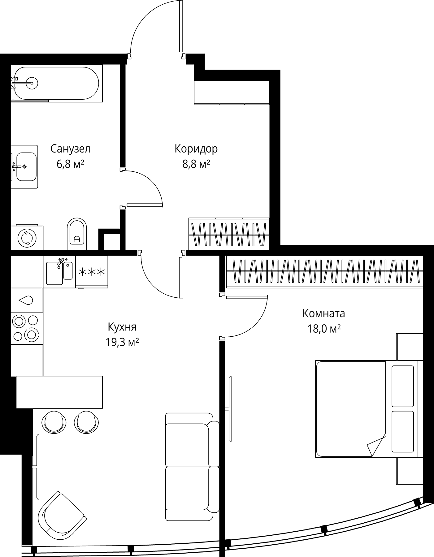 Планировка: Евродвушка 52,9 м² в ЖК «ОНЕ»
