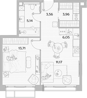 Планировка: Евродвушка 43,6 м² в ЖК «МЫС»