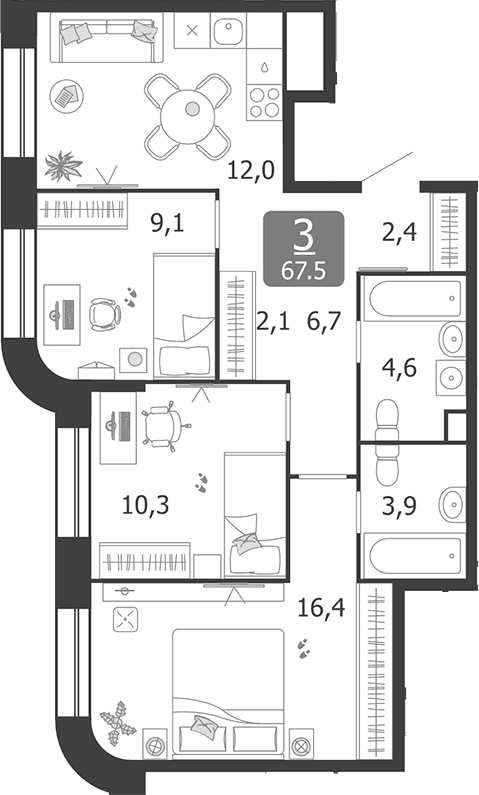 Планировка: 3-комнатная квартира 67,5 м² в ЖК «Шагал»