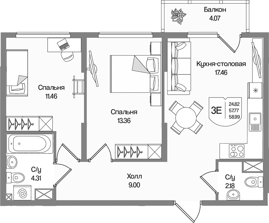 Планировка: Евротрёшка 57,8 м² в ЖК «Охтинские высоты»