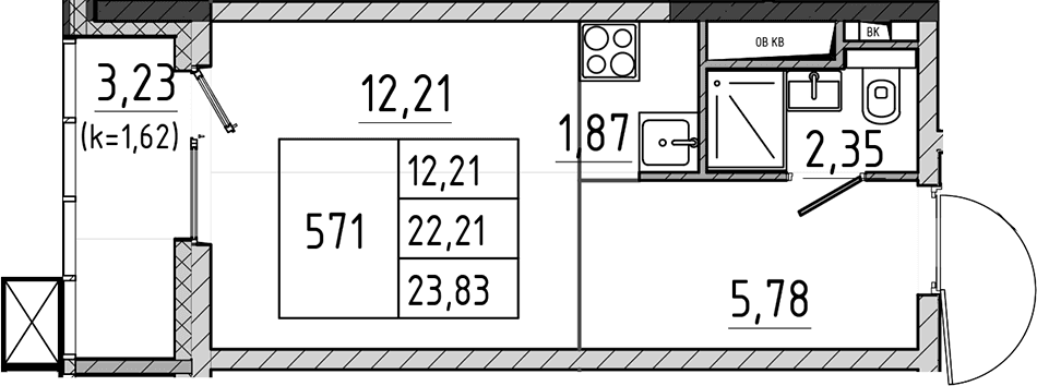 Планировка: Студия 22,2 м² в ЖК «Поварово-Молодежный-2»