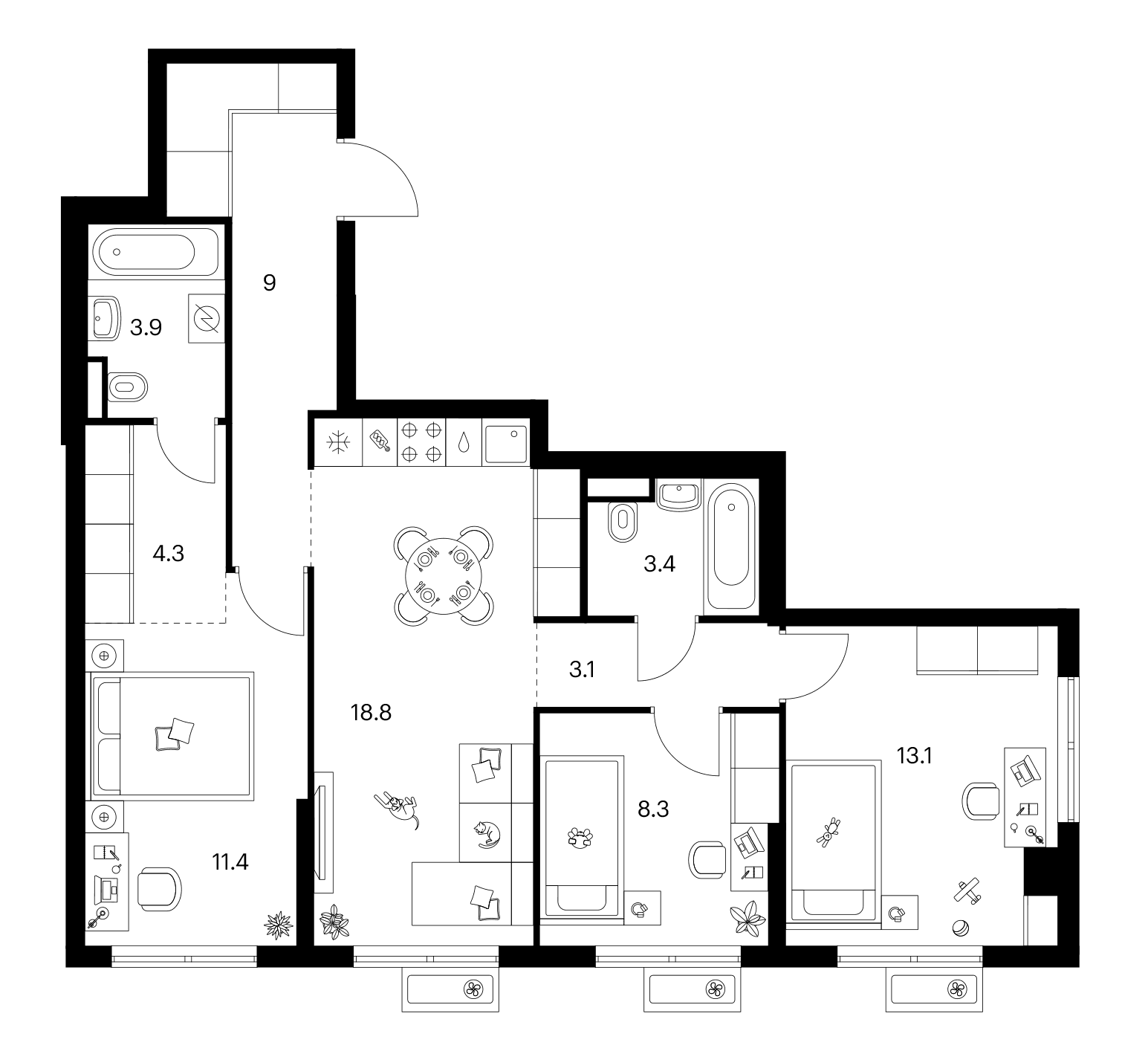 Планировка: 3-комнатная квартира 75,3 м² в ЖК «Ярославский»
