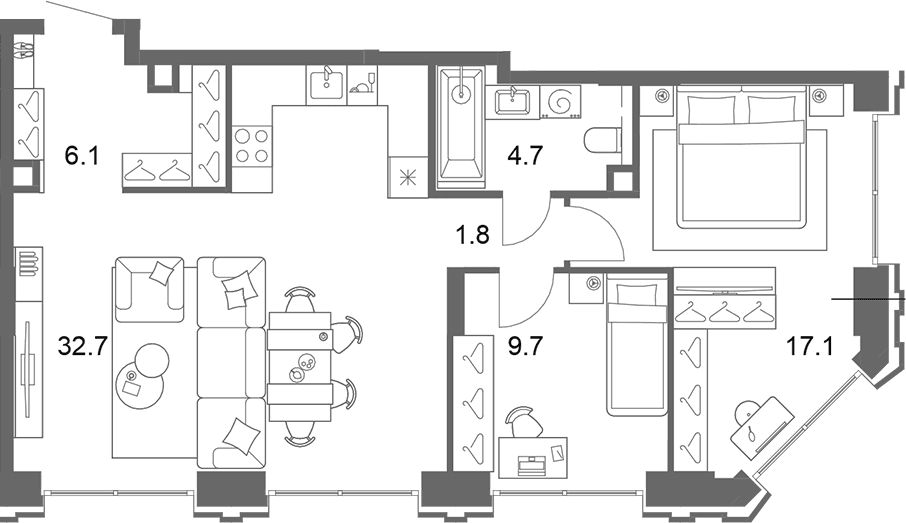 Планировка: Евротрёшка 72,1 м² в ЖК «ОМ Ботанический»