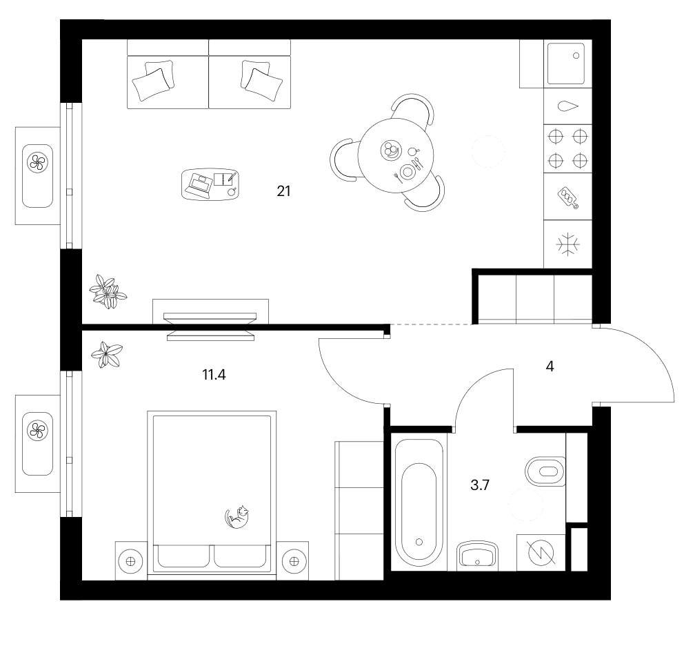 Планировка: 1-комнатная квартира 40,1 м² в ЖК «Белая Дача парк»