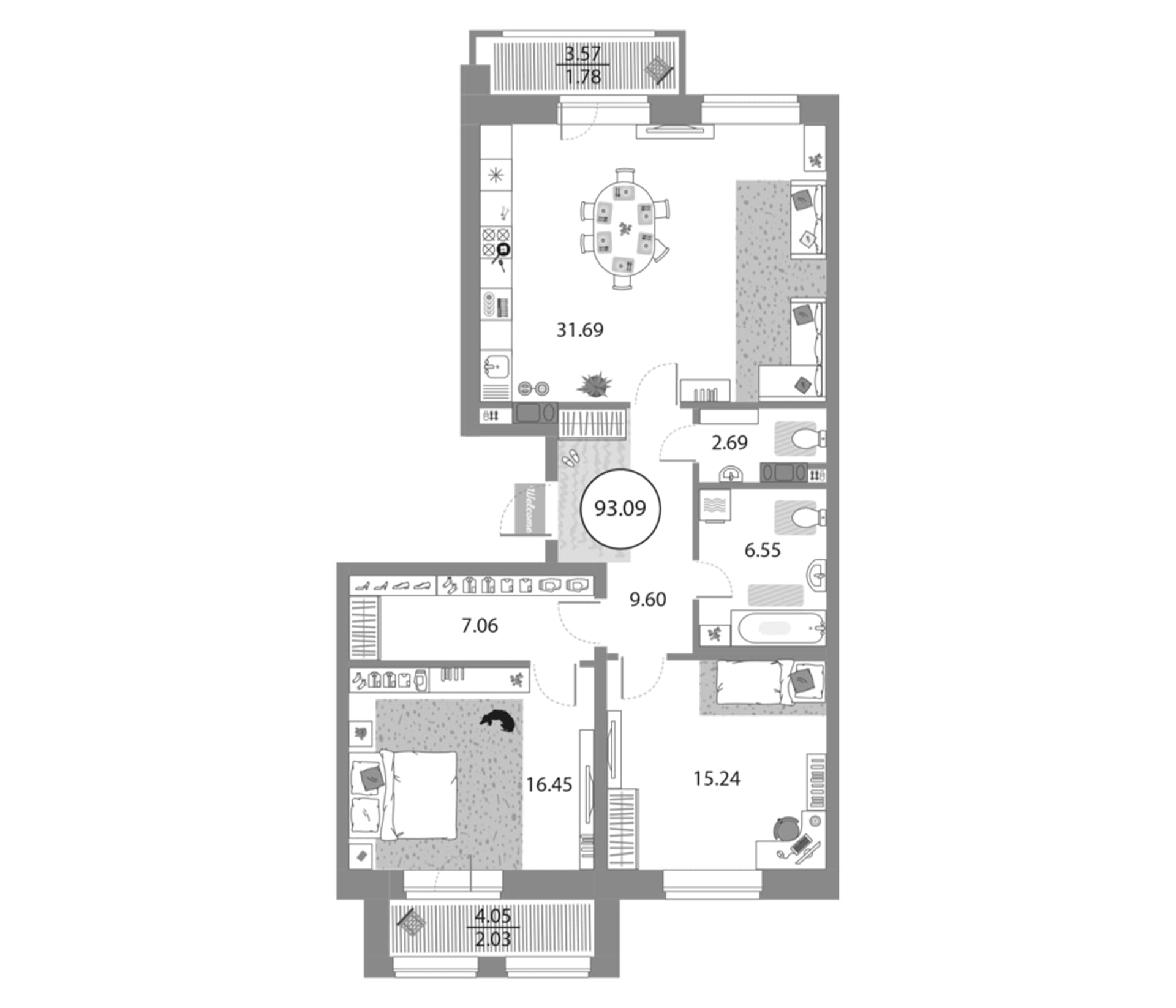 Планировка: Евротрёшка 89,3 м² в ЖК «Modum»