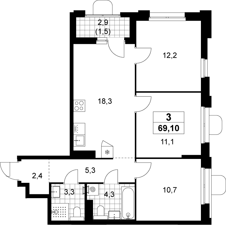 Планировка: Квартира евро-4 67,6 м² в ЖК «Прокшино»