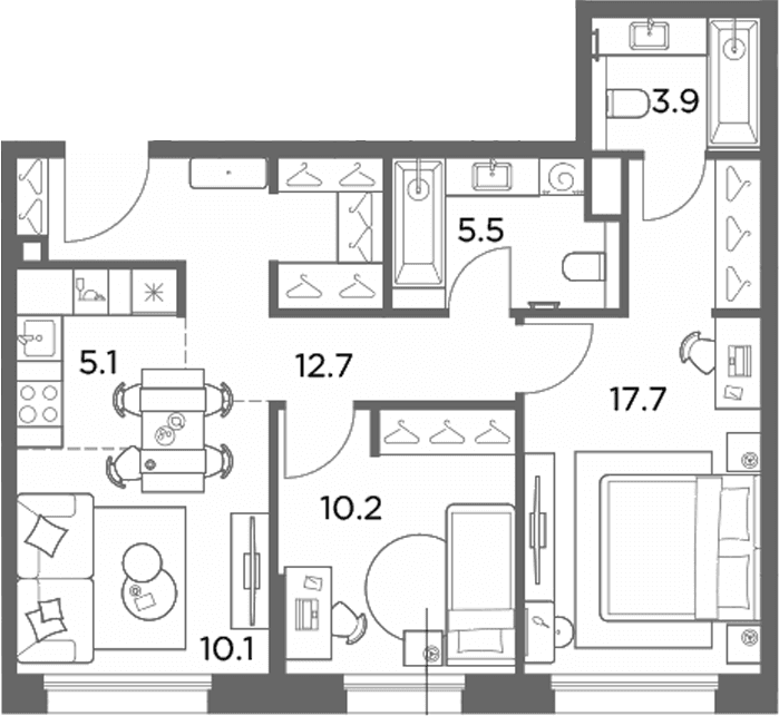 Планировка: Евротрёшка 65,2 м² в ЖК «Станиславский»