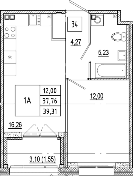 Планировка: Евродвушка 37,8 м² в ЖК «Ranta Residence»