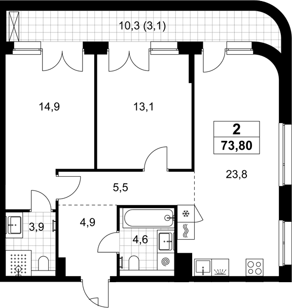 Планировка: Евротрёшка 70,7 м² в ЖК «Хольм»