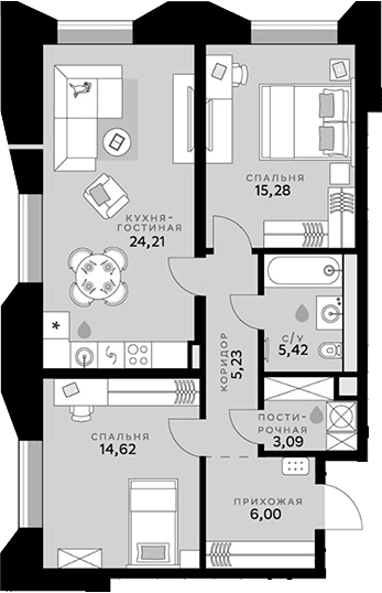 Планировка: Евротрёшка 73,9 м² в ЖК «СберСити»