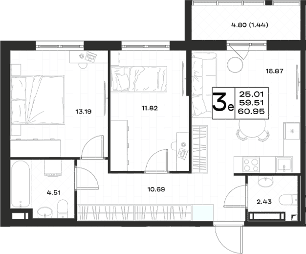 Планировка: Евротрёшка 59,5 м² в ЖК «Имена»