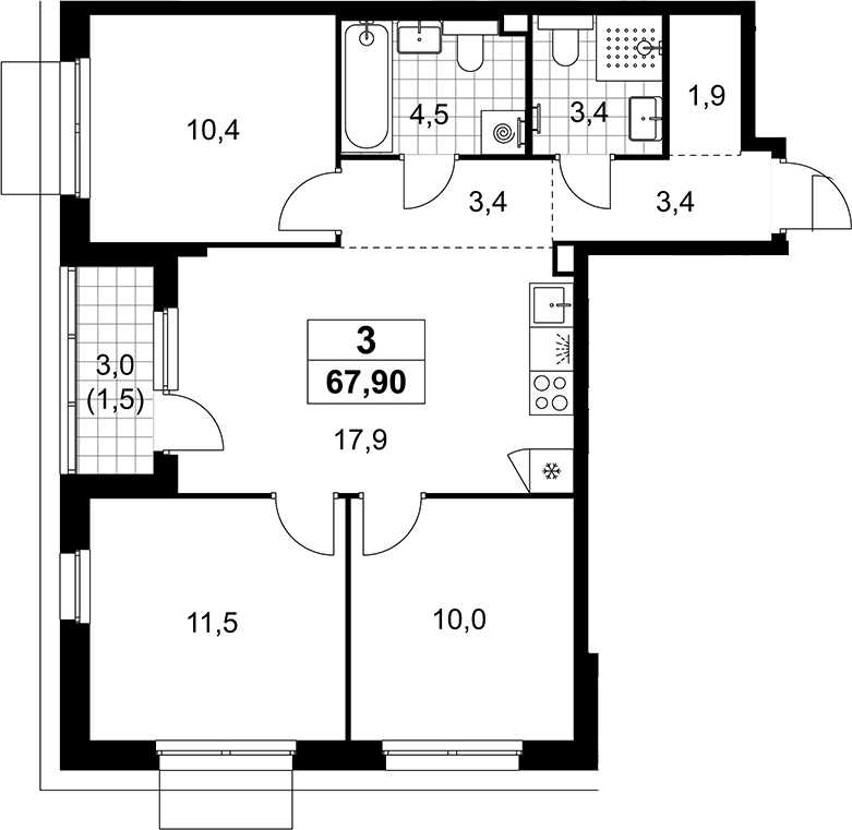 Планировка: Квартира евро-4 66,4 м² в ЖК «Деснаречье»