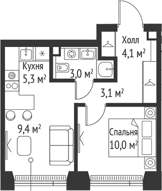 Планировка: Евродвушка 34,9 м² в ЖК «СЕТ»
