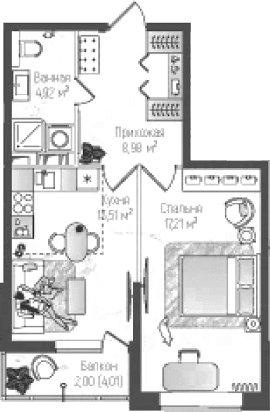 Планировка: 1-комнатная квартира 44,6 м² в ЖК «Рига Хиллс»