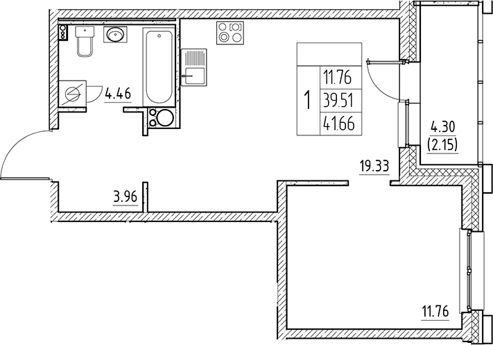 Планировка: Евродвушка 39,5 м² в ЖК «Сезоны»