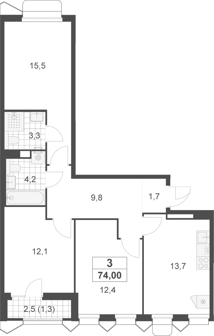 Планировка: 3-комнатная квартира 72,7 м² в ЖК «Деснаречье»