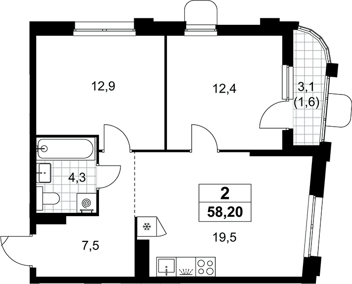 Планировка: Евротрёшка 56,6 м² в ЖК «Прокшино»