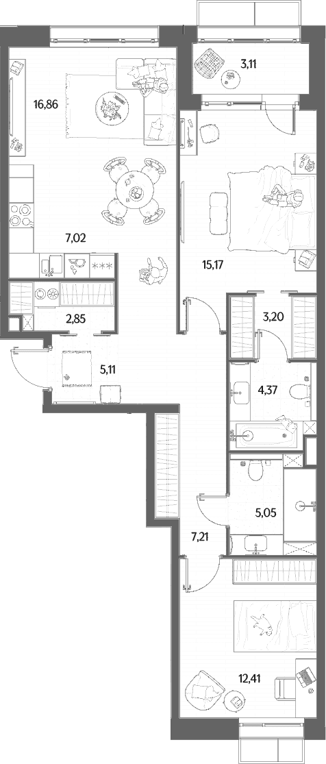Планировка: Евротрёшка 79,3 м² в ЖК «МЫС»