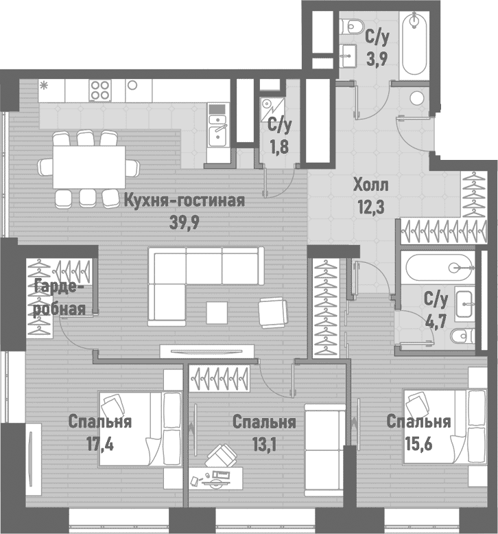 Планировка: Квартира евро-4 108,7 м² в ЖК «Ренессанс»