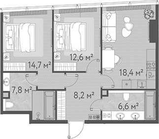 Планировка: Евротрёшка 68,3 м² в ЖК «ОНЕ»