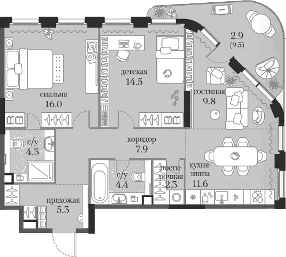 Планировка: 2-комнатная квартира 76,1 м² в ЖК «Муза»