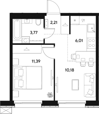 Планировка: 1-комнатная квартира 33,6 м² в ЖК «ЭВО»