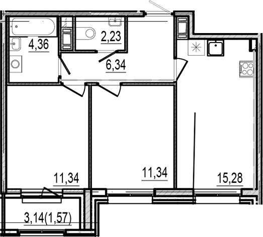 Планировка: 2-комнатная квартира 50,9 м² в ЖК «Оптимист»